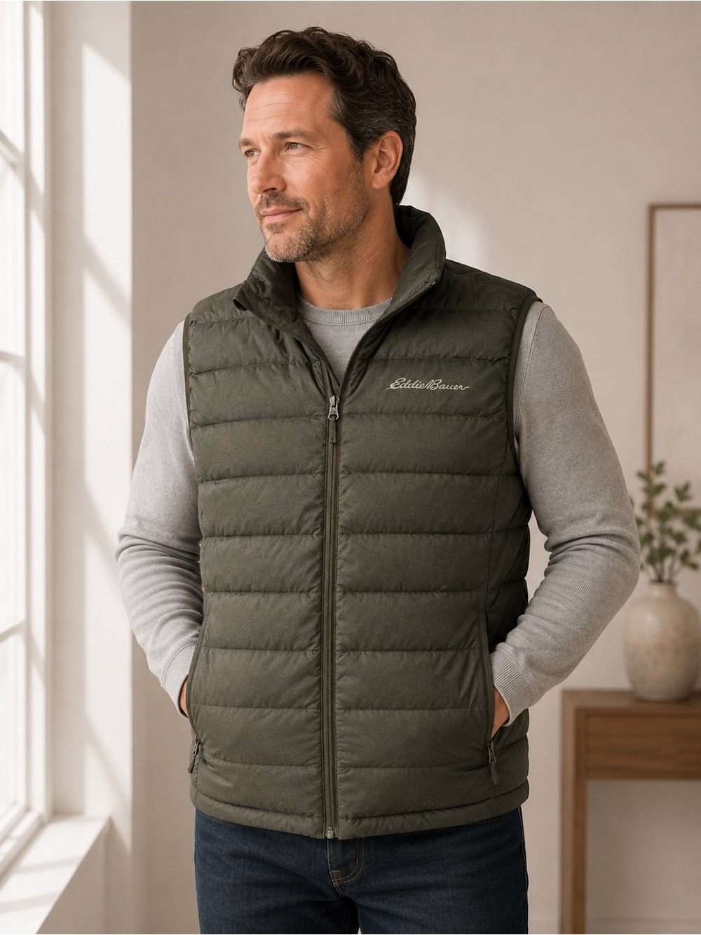Eddie Bauer E650 Feather-Filled Army Olive Green Puffer Vest Mens Outdoor Layer